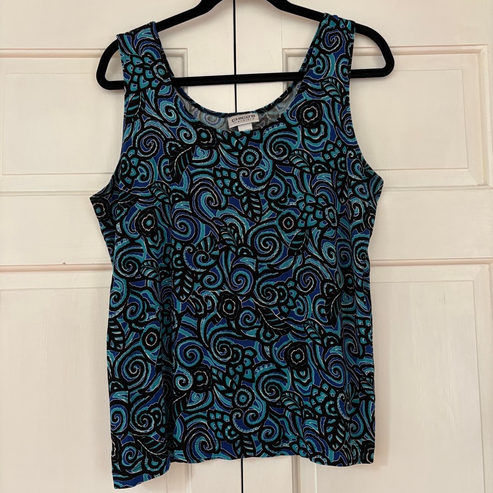 Chico’s Travelers Size 3‎ Blue Black Swirl Print Flowy Tank Top Layer Chicos XL